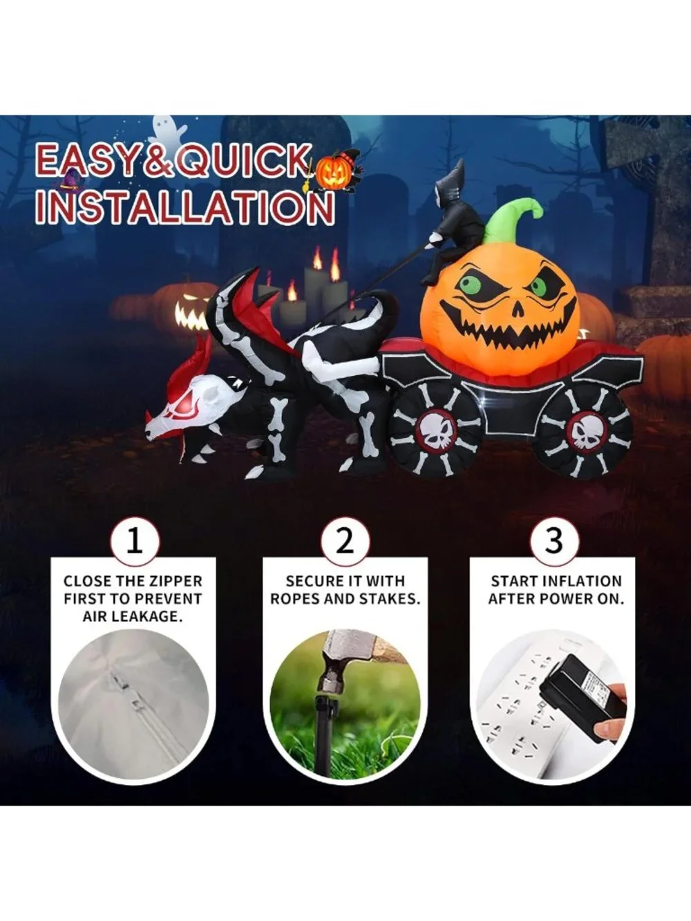 9FT Halloween Inflatable Carriage with Grim Reaper & Skeleton Dragon - LED
